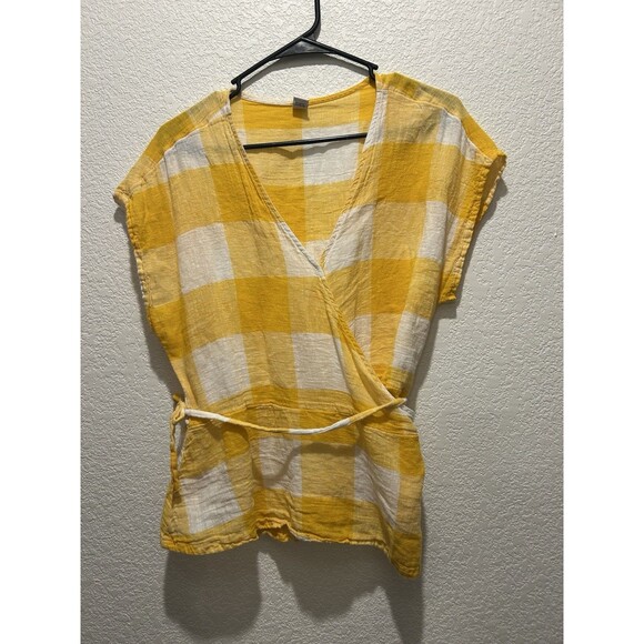 Old Navy Linen Blend Wrap Top Sz L Peplum Yellow Check Lightweight Gauze Beachy - Picture 1 of 10